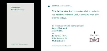 Presentación de NUEVE NOMBRES, de María Huertas Zarco, 19:00h